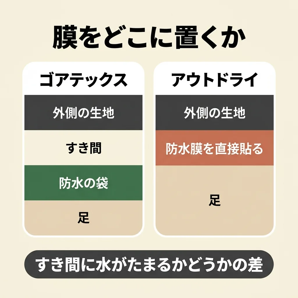 ゴアテックスは防水の袋を靴の中に入れる方式ですき間ができる。アウトドライは防水膜をアッパーの内側に直接貼るのですき間がない