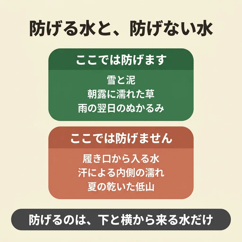 防水が要るのは雪・泥・朝露・雨の翌日。要らないのは夏の乾いた低山。履き口から入る水は防水では防げない