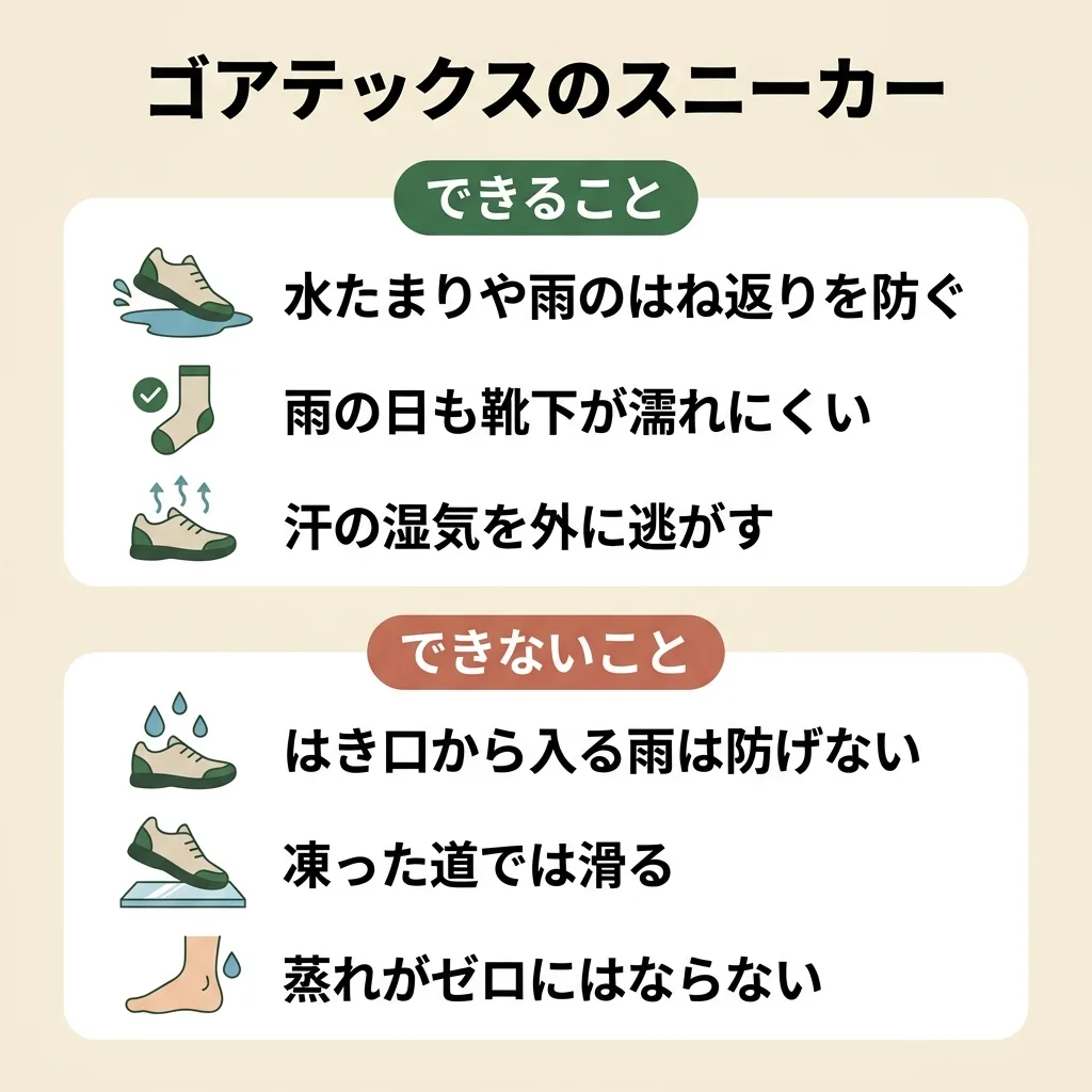ゴアテックスのスニーカーでできること：水たまりや雨のはね返りを防ぐ、雨の日も靴下が濡れにくい、汗の湿気を外に逃がす。できないこと：はき口から入る雨は防げない、凍った道では滑る、蒸れがゼロにはならない
