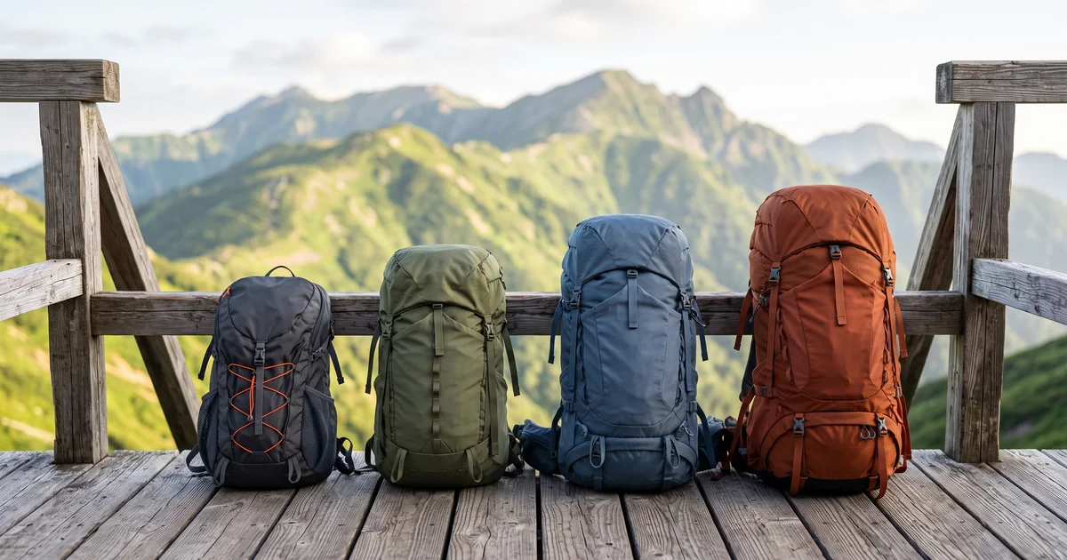 山小屋の木のデッキに並んだ、大きさの違う4つの登山ザック