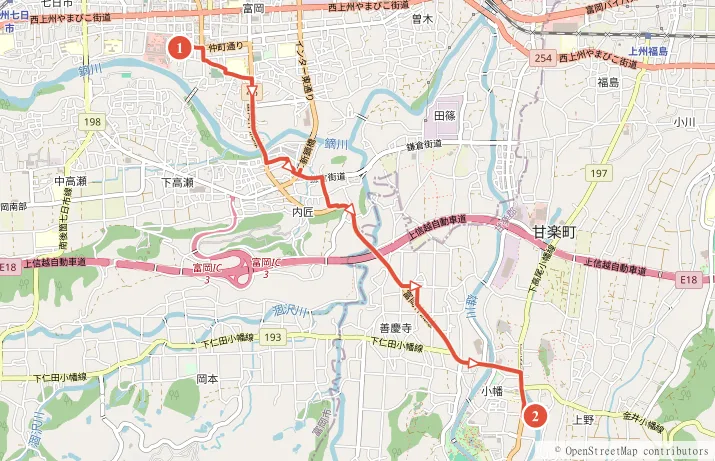 富岡製糸場〜甘楽・小幡 サイクリングルート地図