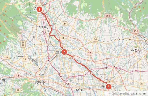 利根川CR（渋川〜前橋〜伊勢崎） サイクリングルート地図