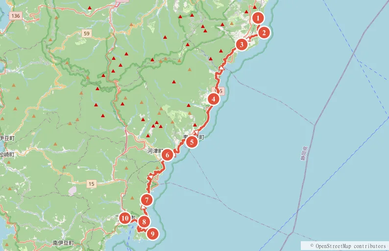 東伊豆 富戸〜伊豆急下田 約40kmのルート地図と主要スポット