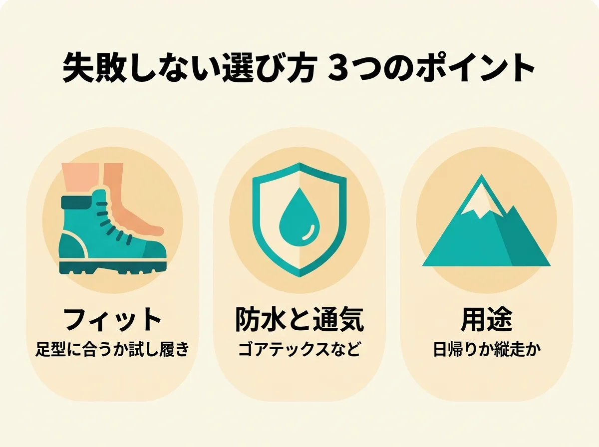 失敗しない登山靴の選び方3ポイント：フィット（試し履き）、防水と通気、用途に合わせる