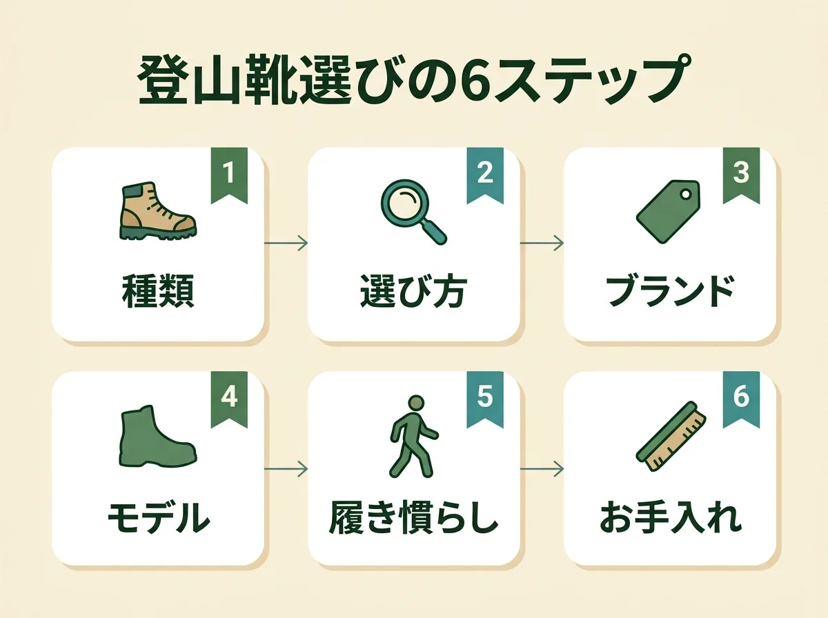 登山靴選びの6ステップ：種類→選び方→ブランド→モデル→履き慣らし→お手入れの流れ
