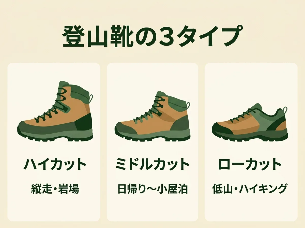 登山靴の3タイプ：ハイカット（縦走・岩場）、ミドルカット（日帰り〜小屋泊）、ローカット（低山・ハイキング）