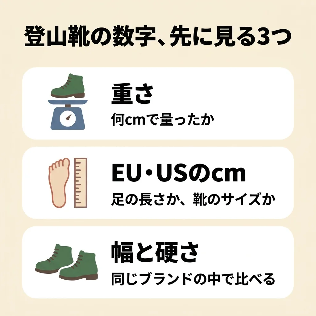 登山靴の数字で先に見る3つの図。重さは何cmで量ったか、EU・USのcmは足の長さか靴のサイズか、幅と硬さは同じブランドの中で比べる