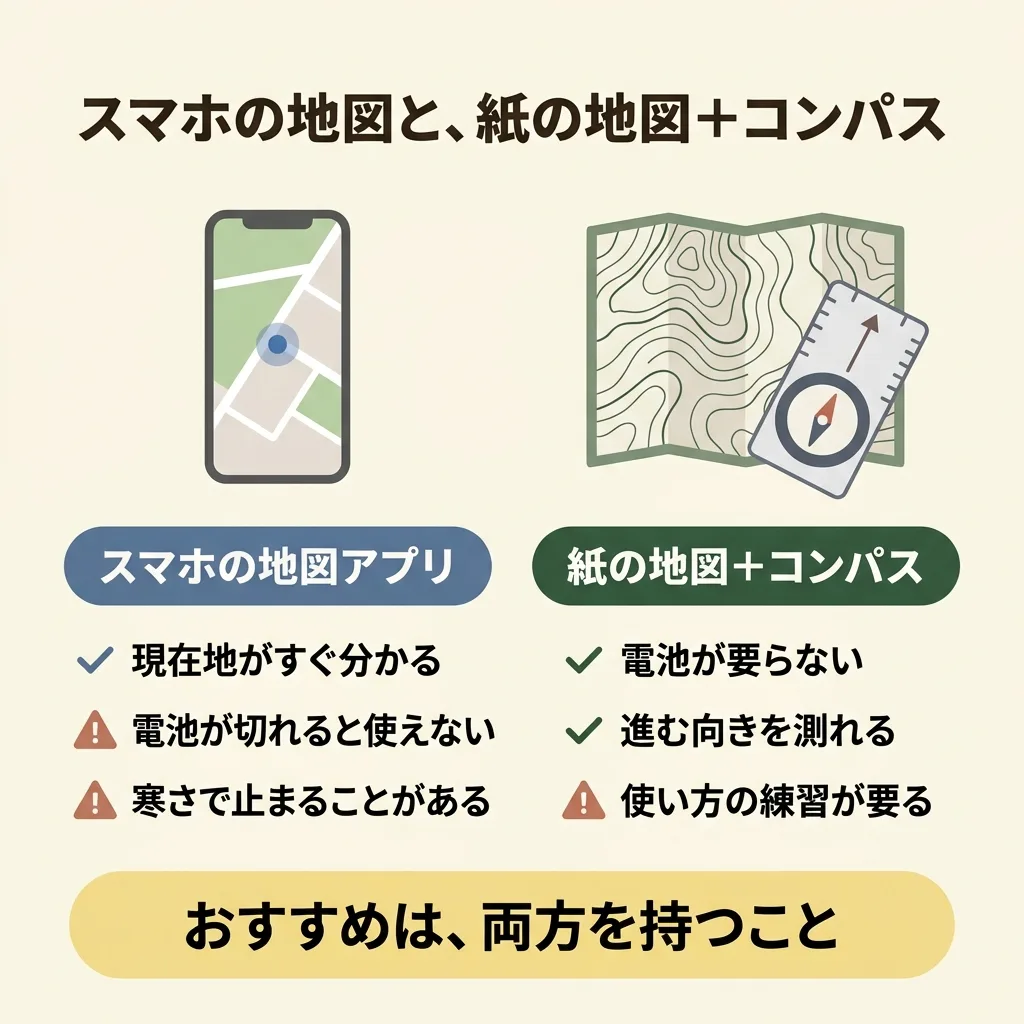 スマホの地図と、紙の地図+コンパスの違いの図。スマホの地図アプリ:現在地がすぐ分かる・電池が切れると使えない・寒さで止まることがある。紙の地図+コンパス:電池が要らない・進む向きを測れる・使い方の練習が要る。おすすめは、両方を持つこと