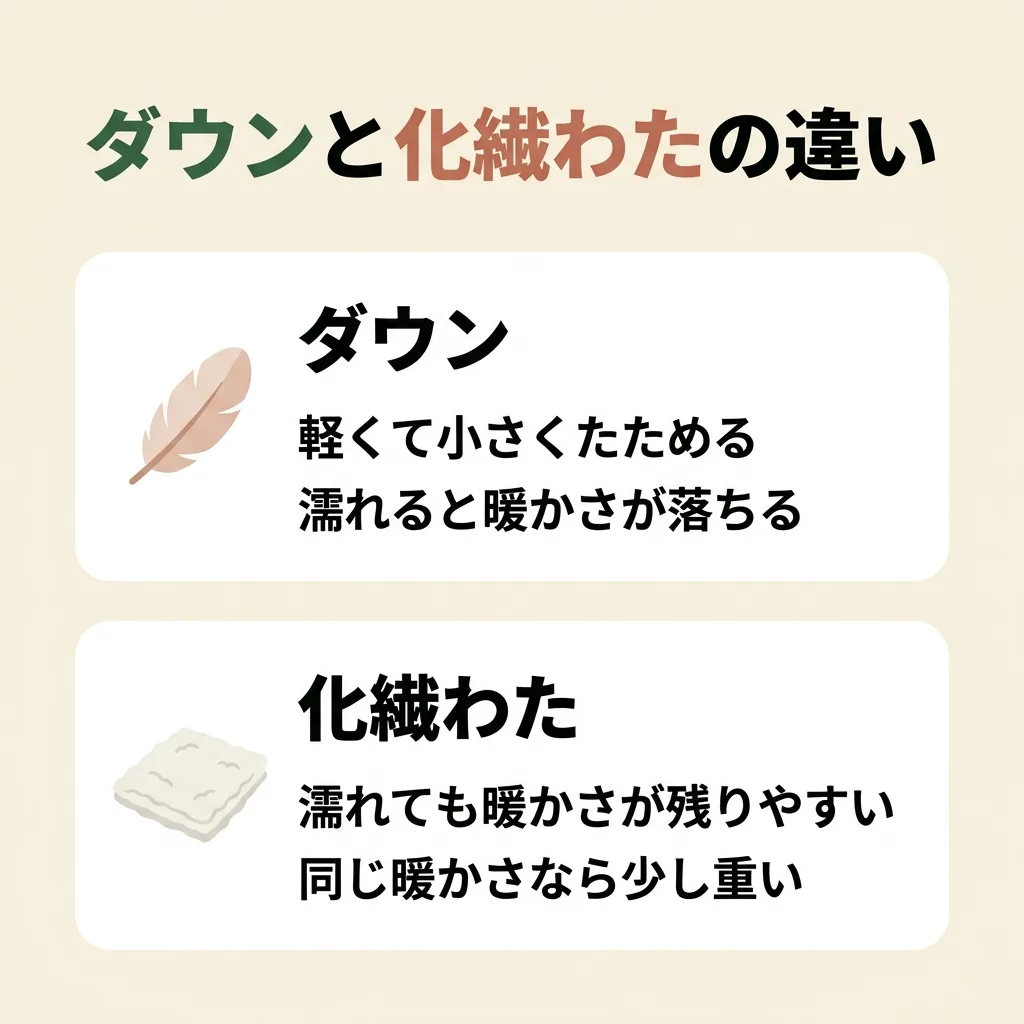 ダウンと化繊わたの違い:ダウンは軽くて小さくたためるが、濡れると暖かさが落ちる。化繊わたは濡れても暖かさが残りやすいが、同じ暖かさなら少し重い
