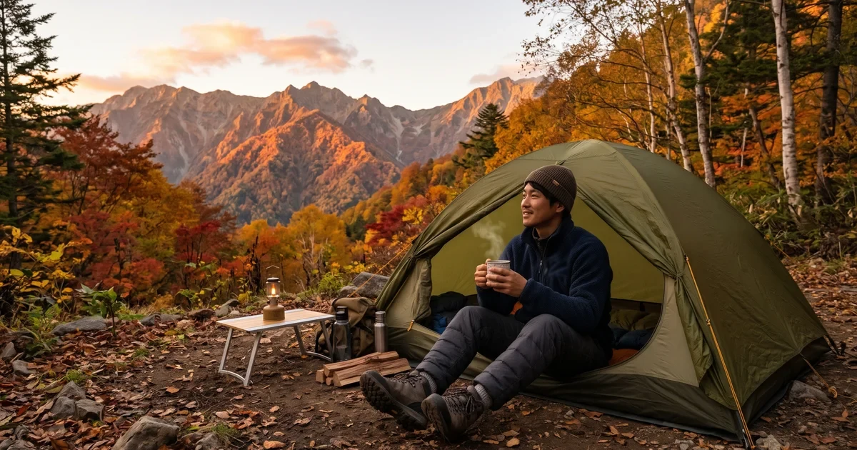 秋の山のキャンプ場で、テントの入口に座ってダウンパンツを穿き、温かい飲み物を持つ人