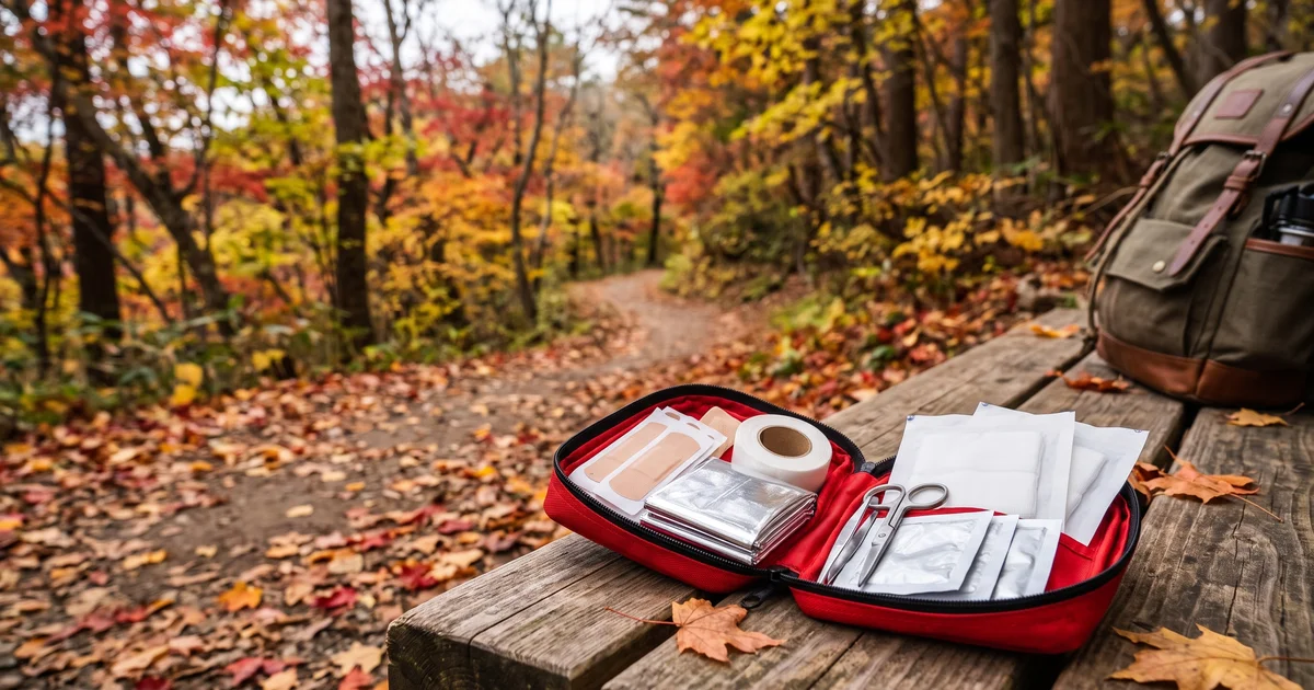 紅葉の山道のベンチの上で、開いた赤いポーチに絆創膏・テーピングテープ・ガーゼ・はさみ・ピンセット・防寒シートを並べたファーストエイドキット