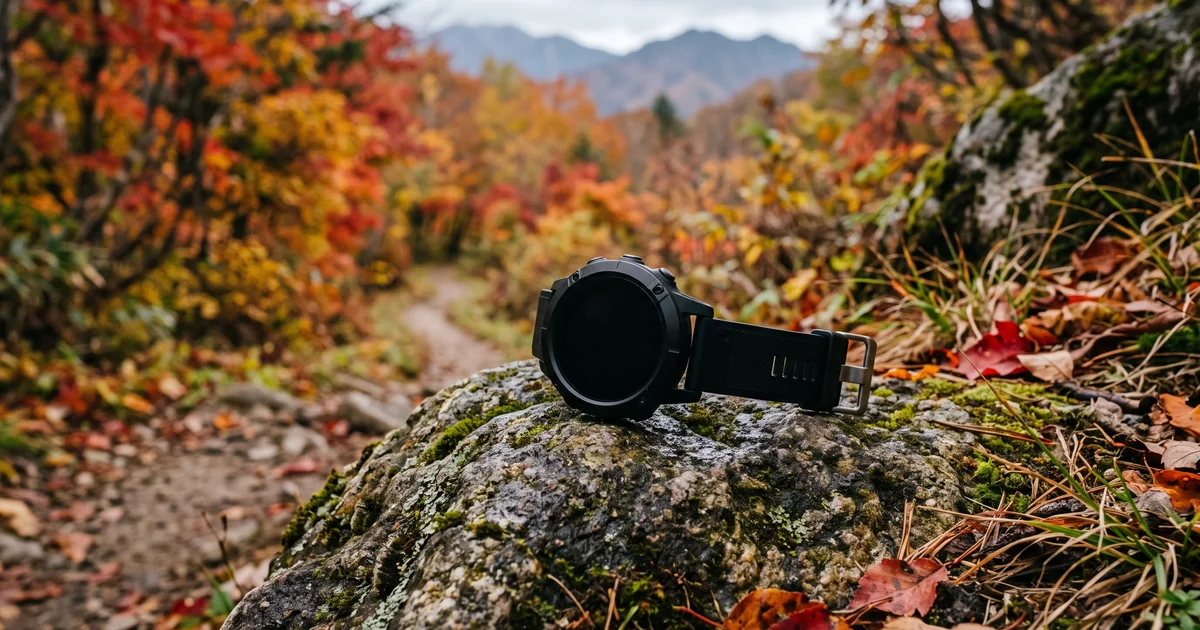 登山道の苔むした岩の上に置いた、画面の消えたアウトドア用の腕時計