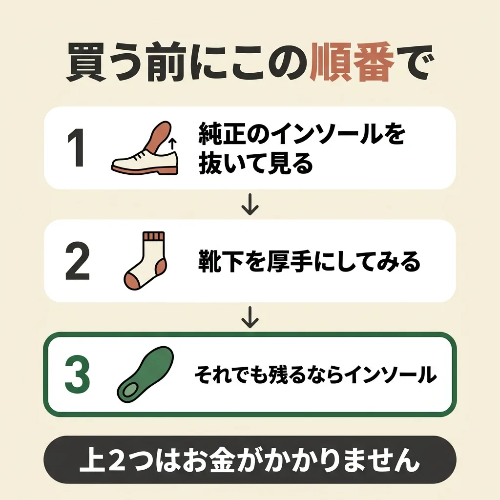 インソールを買う前の順番。純正を抜いて見る、靴下を厚手にする、それでもだめならインソール