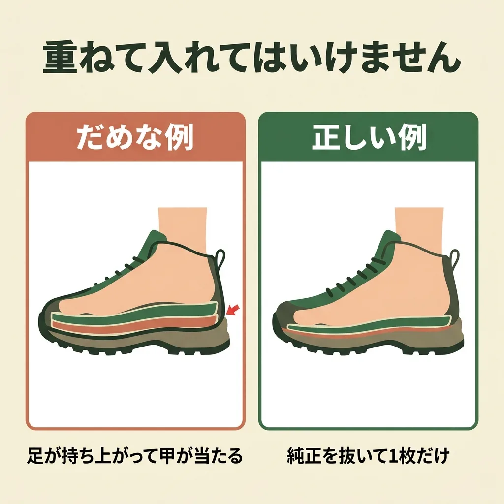 インソールは純正を抜いてから入れる。重ねると足が持ち上がって甲が当たる