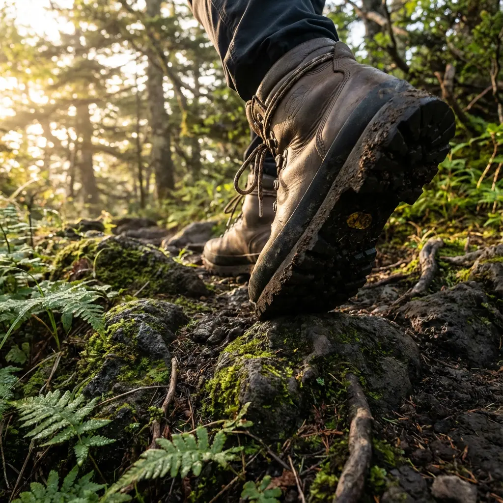 岩場を歩く登山靴の足元クローズアップ