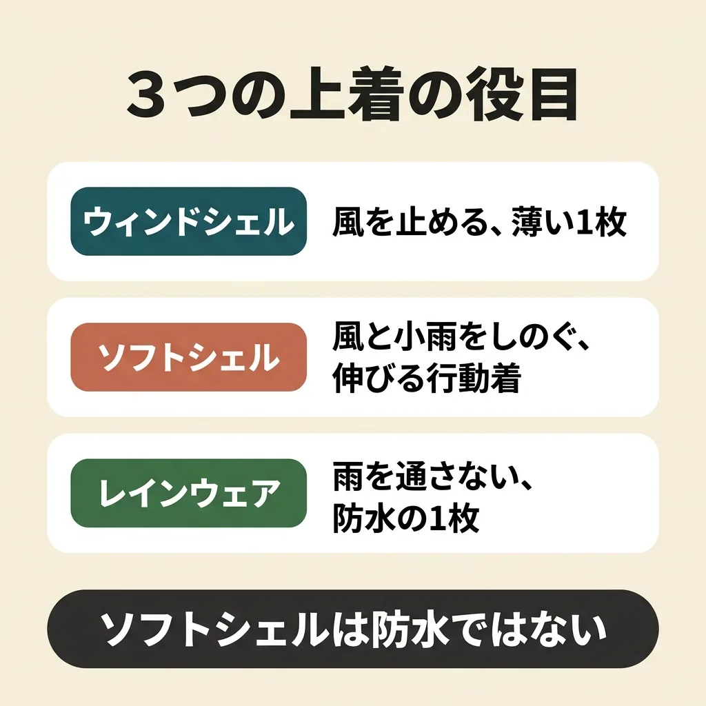 3つの上着の役目。ウィンドシェルは風を止める薄い1枚、ソフトシェルは風と小雨をしのぐ伸びる行動着、レインウェアは雨を通さない防水の1枚。ソフトシェルは防水ではない