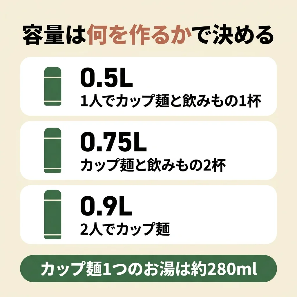 保温ボトルの容量の目安:0.5Lは1人でカップ麺と飲みもの1杯、0.75Lはカップ麺と飲みもの2杯、0.9Lは2人でカップ麺