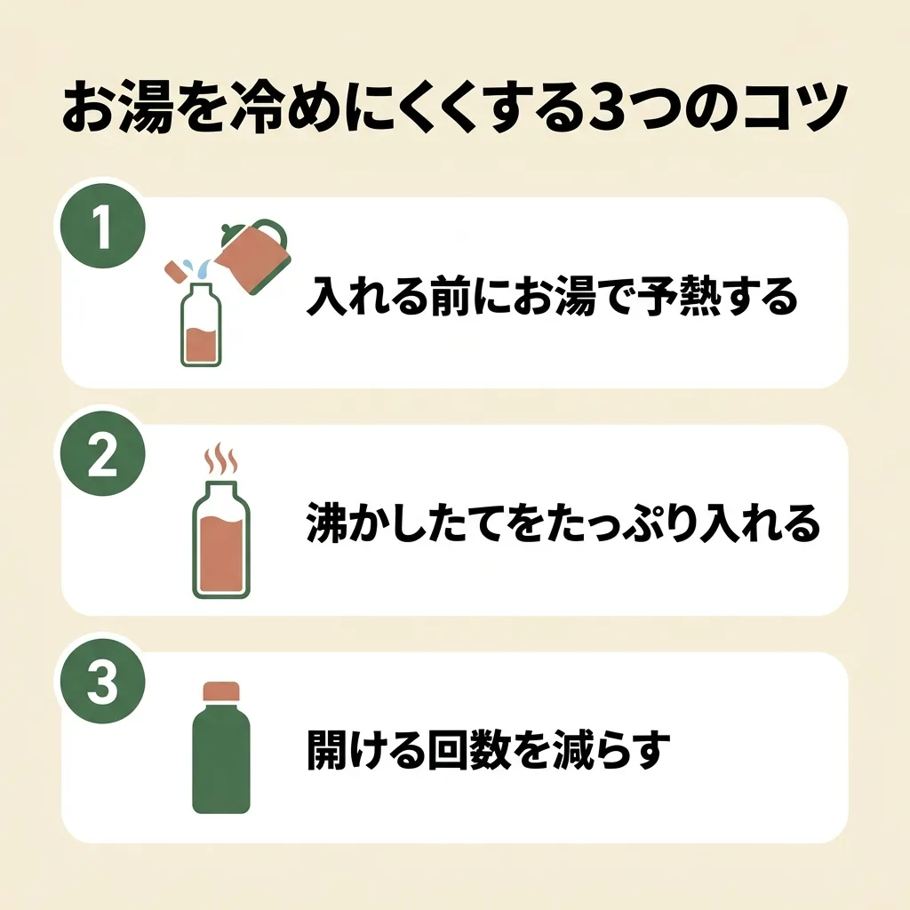 お湯を冷めにくくする3つのコツ:入れる前にお湯で予熱する、沸かしたてをたっぷり入れる、開ける回数を減らす