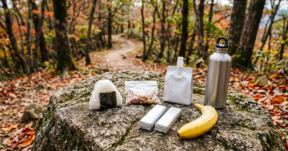 秋の登山道のわきの岩の上に並べた行動食。おにぎり、小袋のミックスナッツ、細長いようかん2本、ゼリー飲料、バナナ、金属の水筒