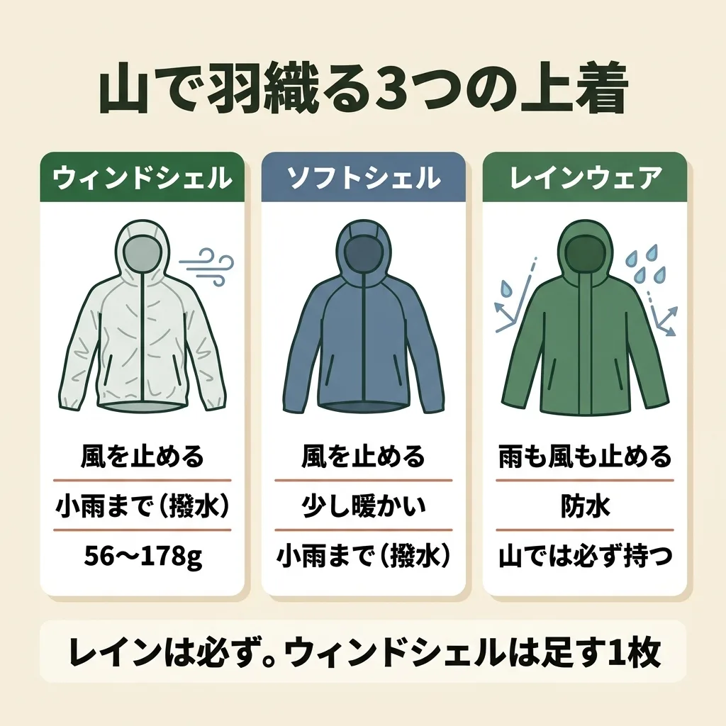 山で羽織る3つの上着の図。ウィンドシェルは風を止めて小雨まで（56〜178g）、ソフトシェルは風を止めて少し暖かく小雨まで、レインウェアは雨も風も止める防水で山では必ず持つ。レインは必ず、ウィンドシェルは足す1枚