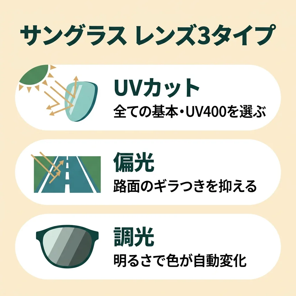 サングラスのレンズ3タイプ:UVカット(基本)・偏光(反射カット)・調光(明るさ自動変化)