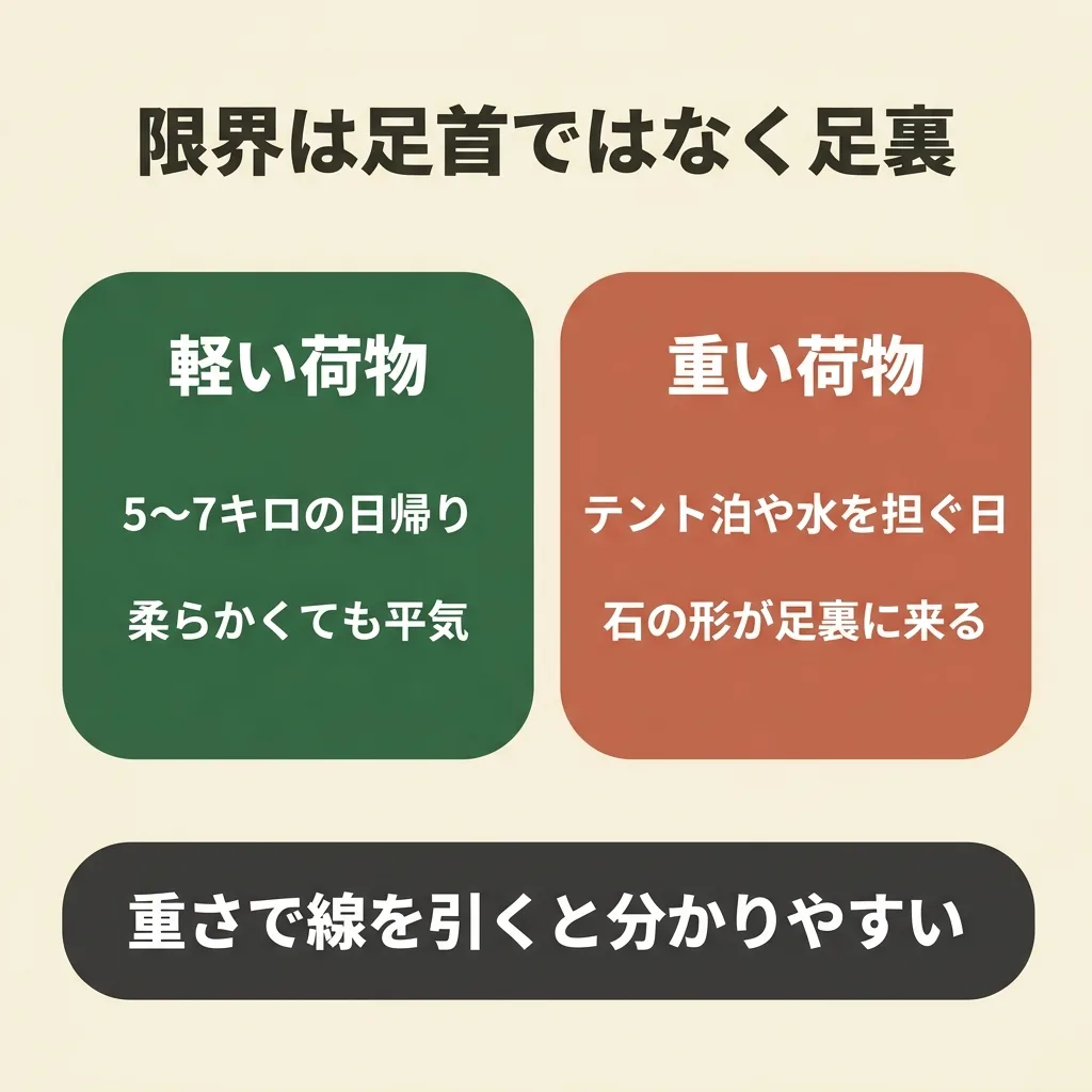 ローカットの限界は足首ではなく足裏。柔らかいソールは荷物が重いと石の形が伝わる