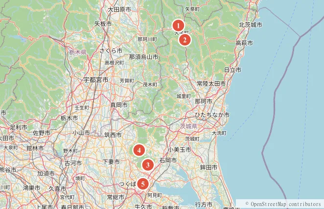 茨城の温泉が楽しめるキャンプ場5つの位置図。グリンヴィラ・上小川レジャーペンション・ホテルいやしの里・つくばねオートキャンプ場・フォンテーヌの森