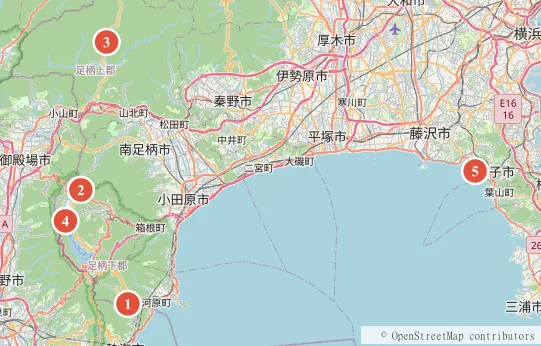 神奈川のグランピング施設5つの位置図。THE BASE GLAMPING YUGAWARA・SPRINGS VILLAGE（箱根）・SPRINGS VILLAGE（足柄・丹沢）・芦ノ湖キャンプ村レイクサイドヴィラ・SPACE KEY POINT