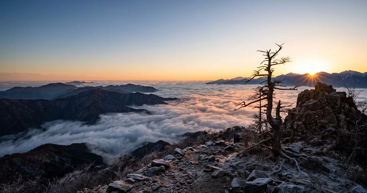 関東の低山の山頂から見る初日の出。雲の上に太陽が昇り始めている