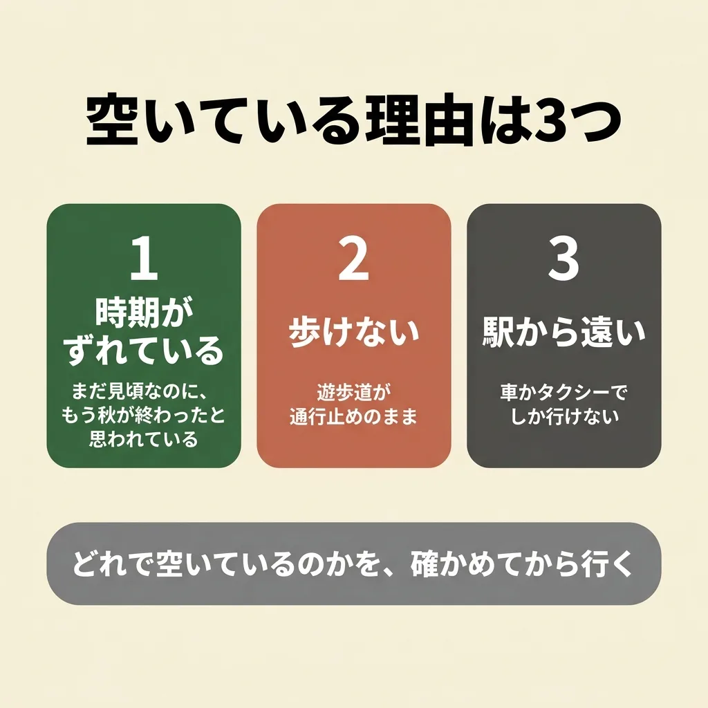 紅葉の穴場が空いている理由は3つ。時期がずれている、通行止めで歩けない、駅から遠い