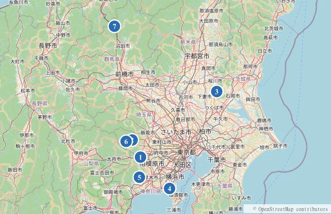 関東近郊の日帰り温泉とトレッキング7コースの位置図。高尾山・御岳山ロックガーデン・筑波山・鎌倉アルプス・大山・御前山・谷川岳の天神平