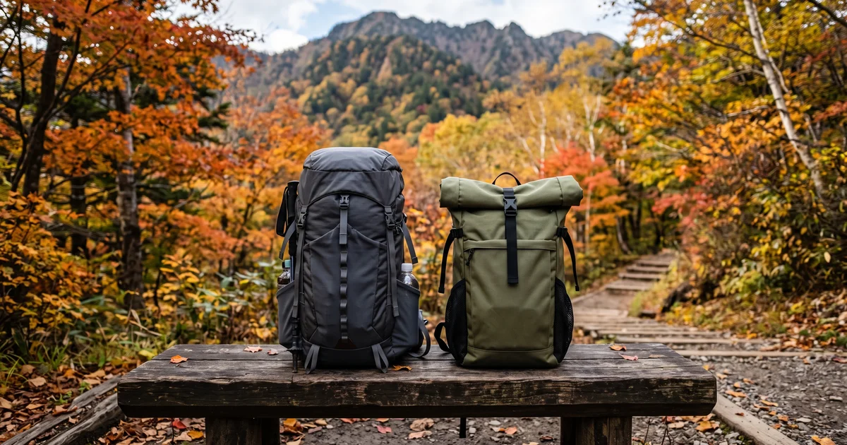 登山口の木のベンチに並んだ、雨蓋のザックとロールトップのザック