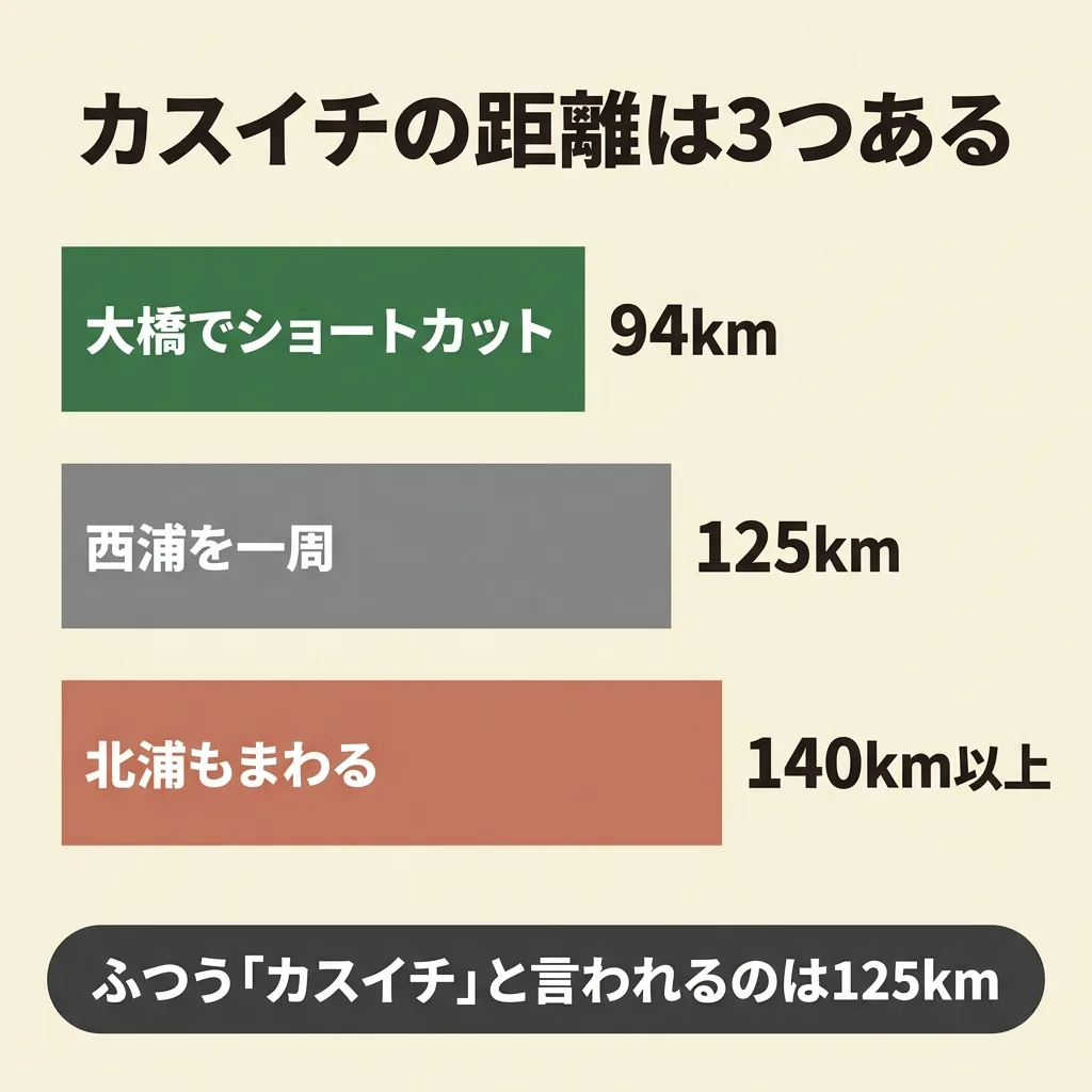 カスイチの距離は3つある。霞ヶ浦大橋でショートカットすると94km、西浦一周で125km、北浦も回ると140km超