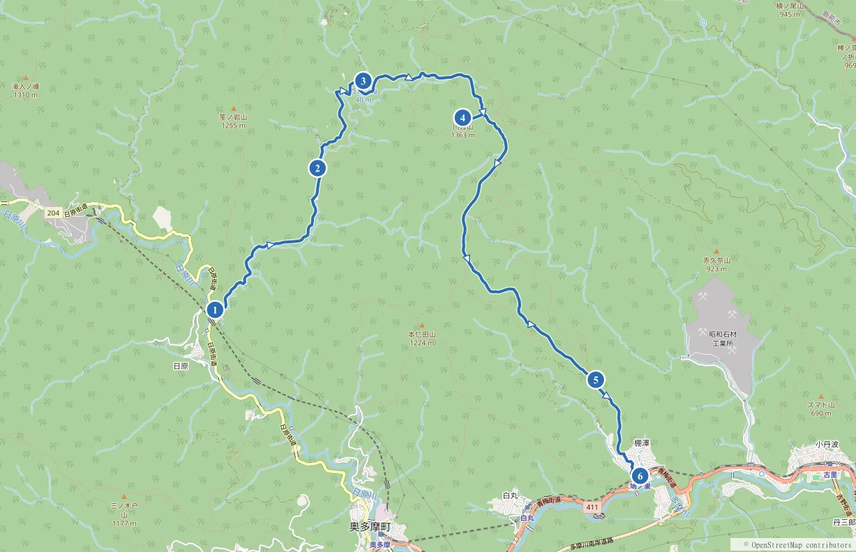 川苔山・百尋ノ滝トレッキング 川乗橋〜鳩ノ巣駅のルート地図と主要スポット