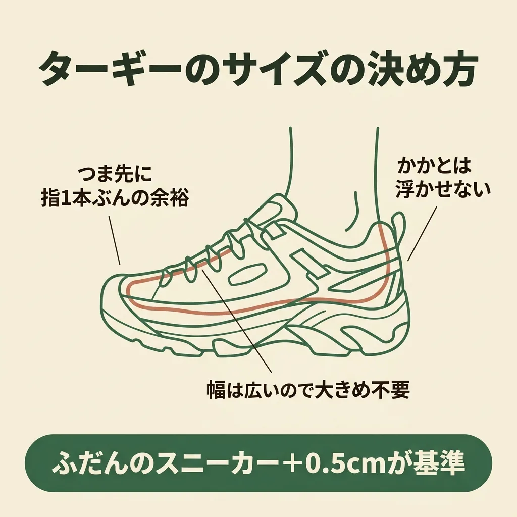 KEENターギーのサイズの決め方。ふだんのスニーカー+0.5cm、つま先に余裕、かかとは浮かせない
