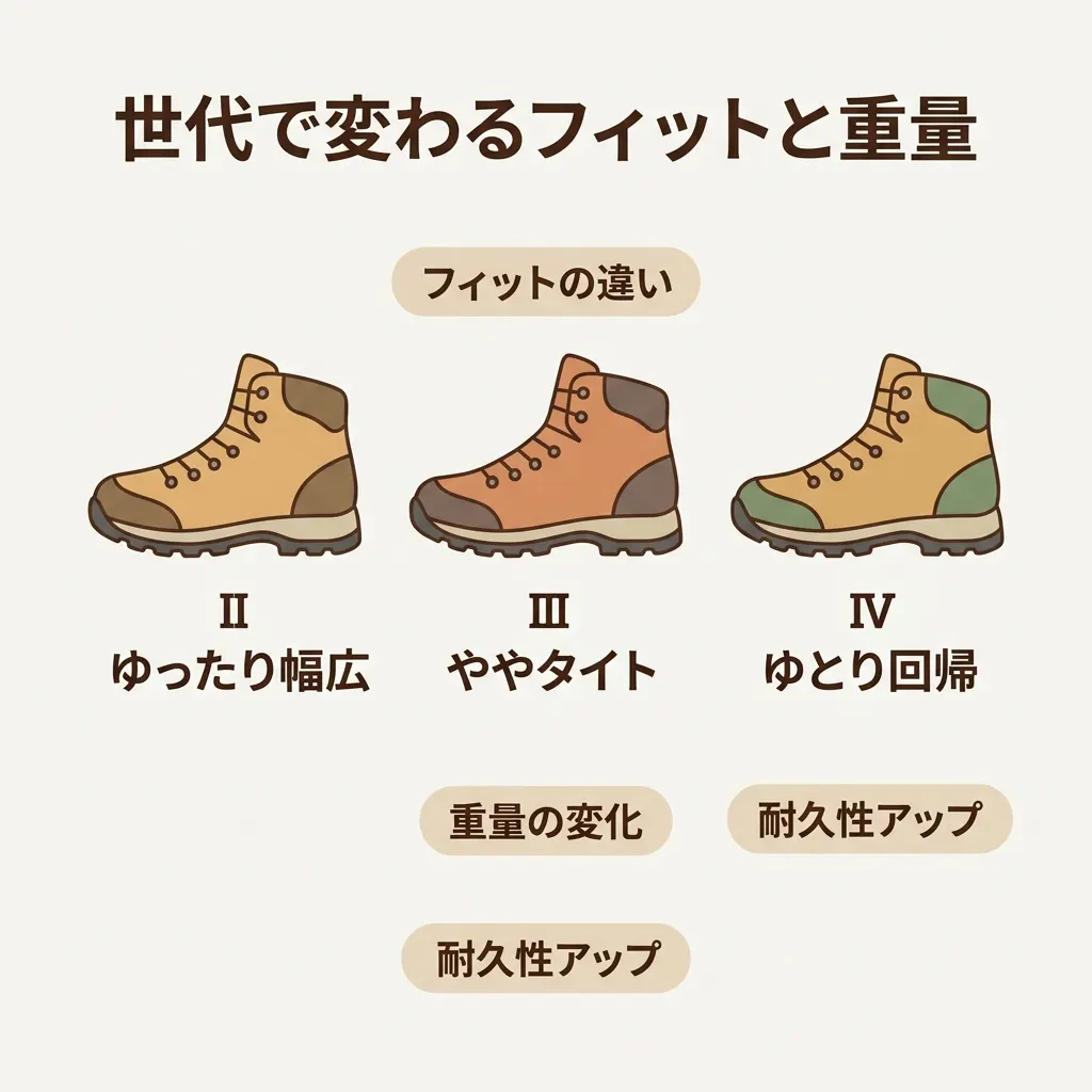 ターギーII・III・IVのフィットと重量の違いをやさしく整理した図
