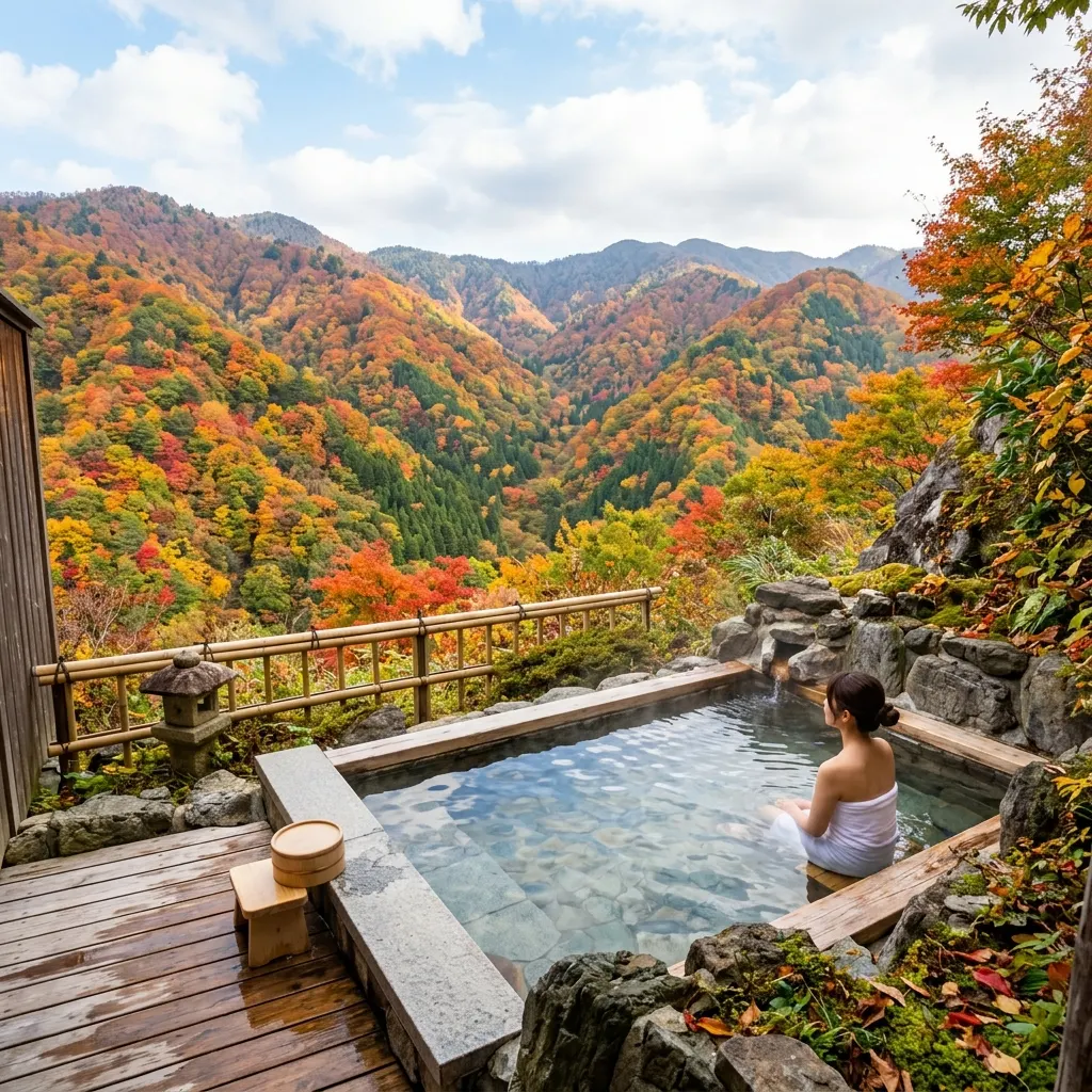 紅葉の山を望む露天風呂