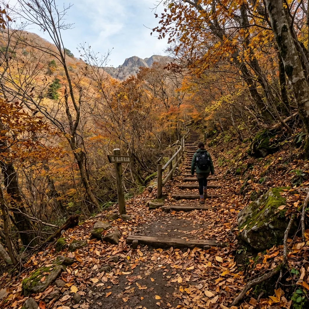 晩秋の塔ノ岳の登山道と落ち葉