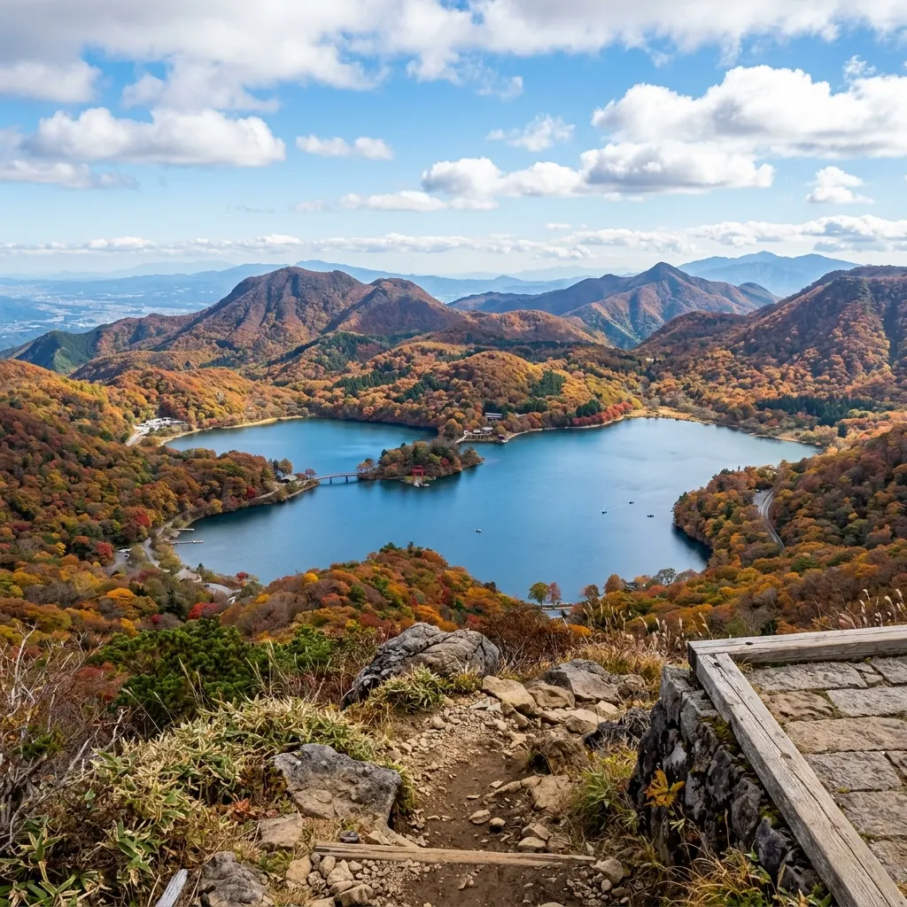 晩秋の赤城山山頂からの大沼の眺め