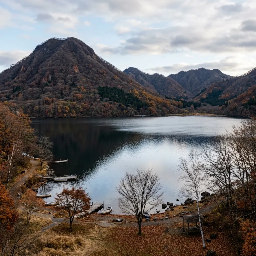 紅葉終わりの榛名山と榛名湖の風景