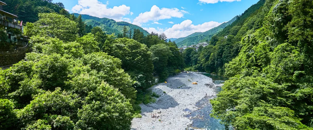 氷川キャンプ場の河原と多摩川