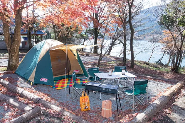 芦ノ湖キャンプ村のテントサイトと芦ノ湖
