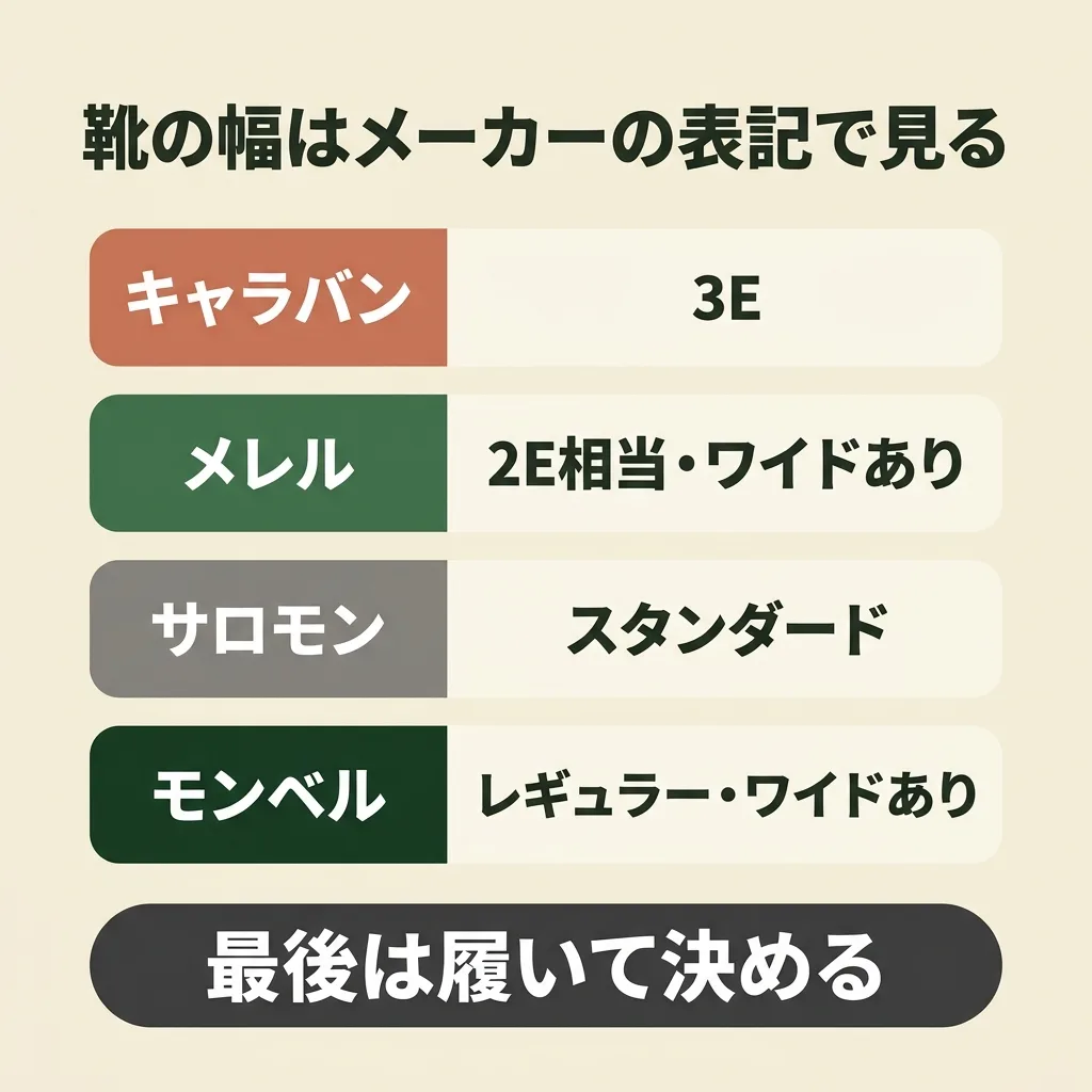 ローカット登山靴の幅はメーカーの表記で見る。キャラバンは3E、メレルは2E相当でワイドあり、サロモンはスタンダード、モンベルはレギュラーとワイド