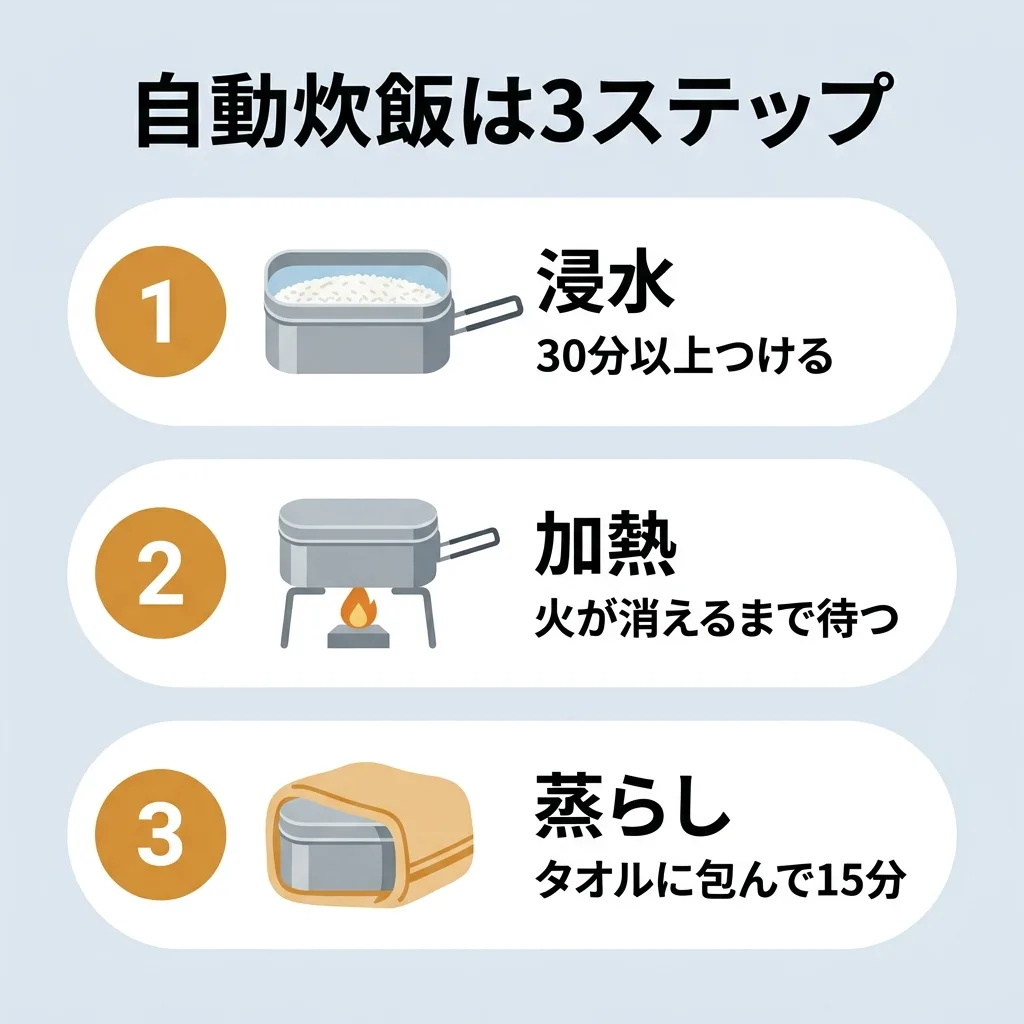 メスティン自動炊飯の3ステップ：浸水・加熱・蒸らし
