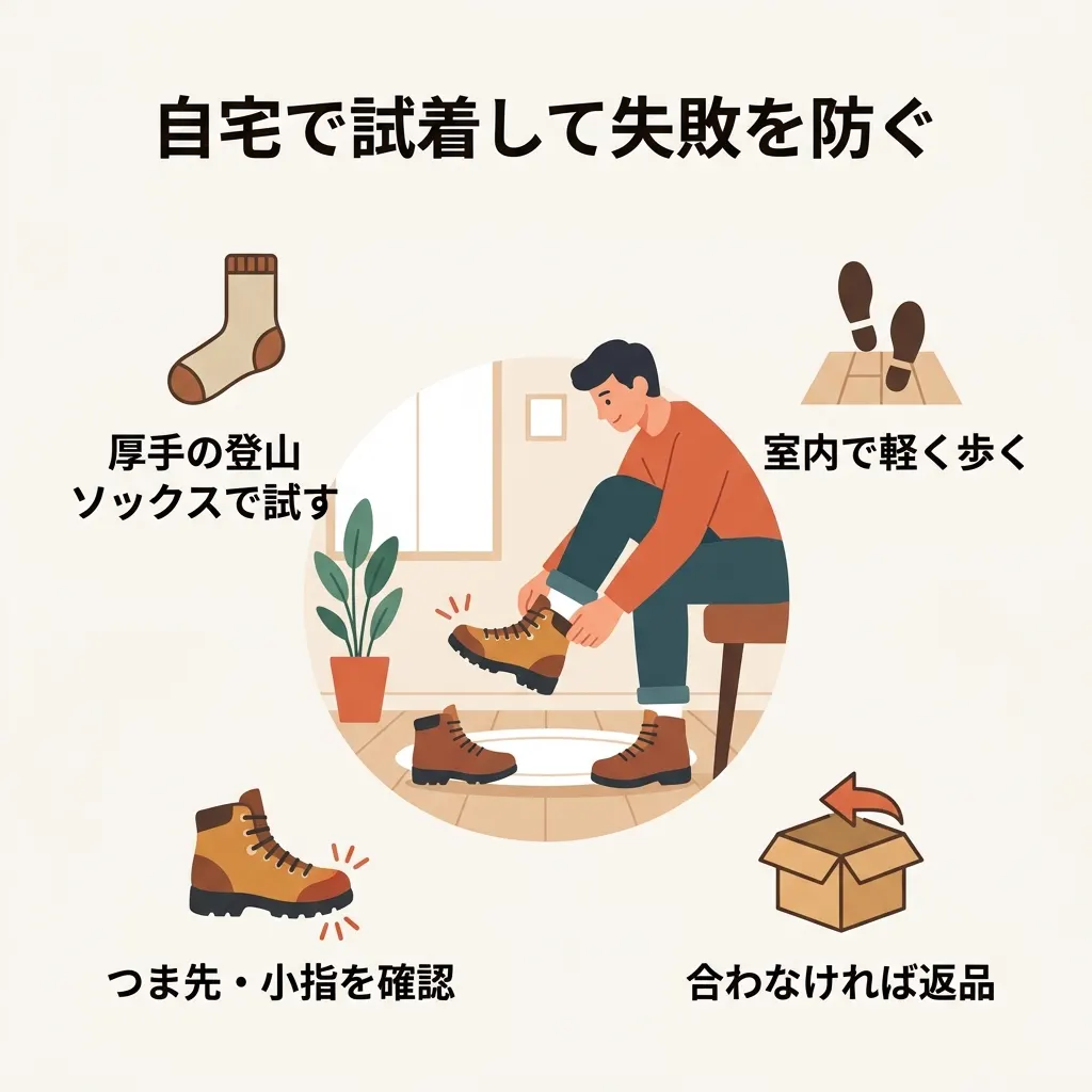 自宅試着でサイズ確認。厚手ソックスで歩き、つま先や小指の当たりをチェック。