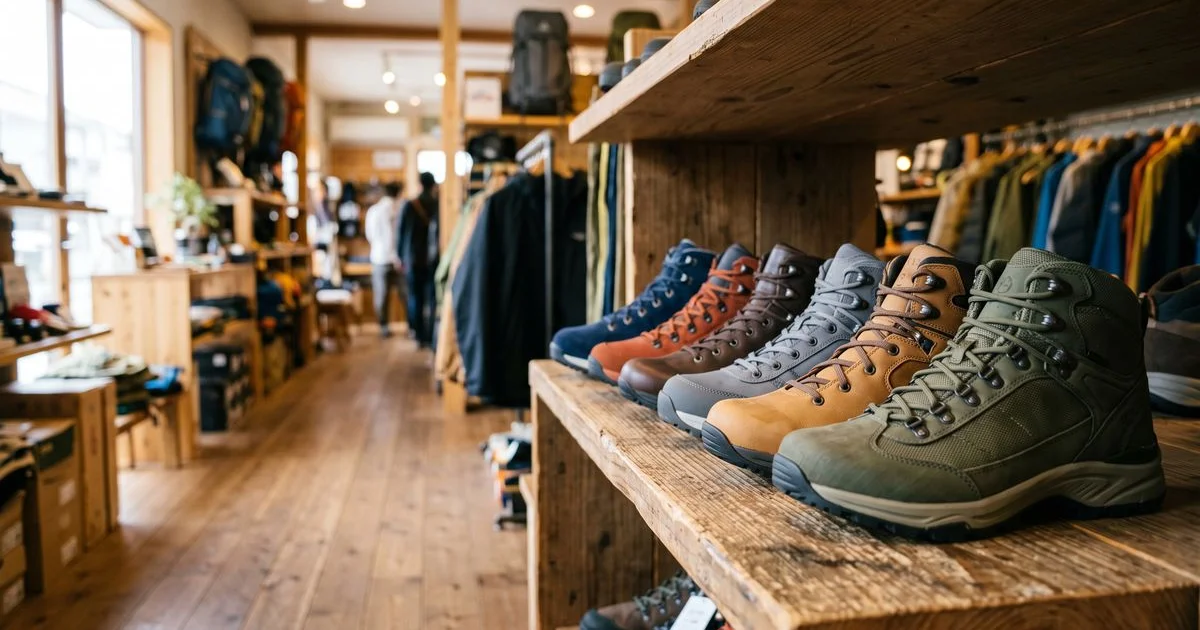 登山用品店の棚に並ぶ、さまざまなブランドのミッドカット登山靴