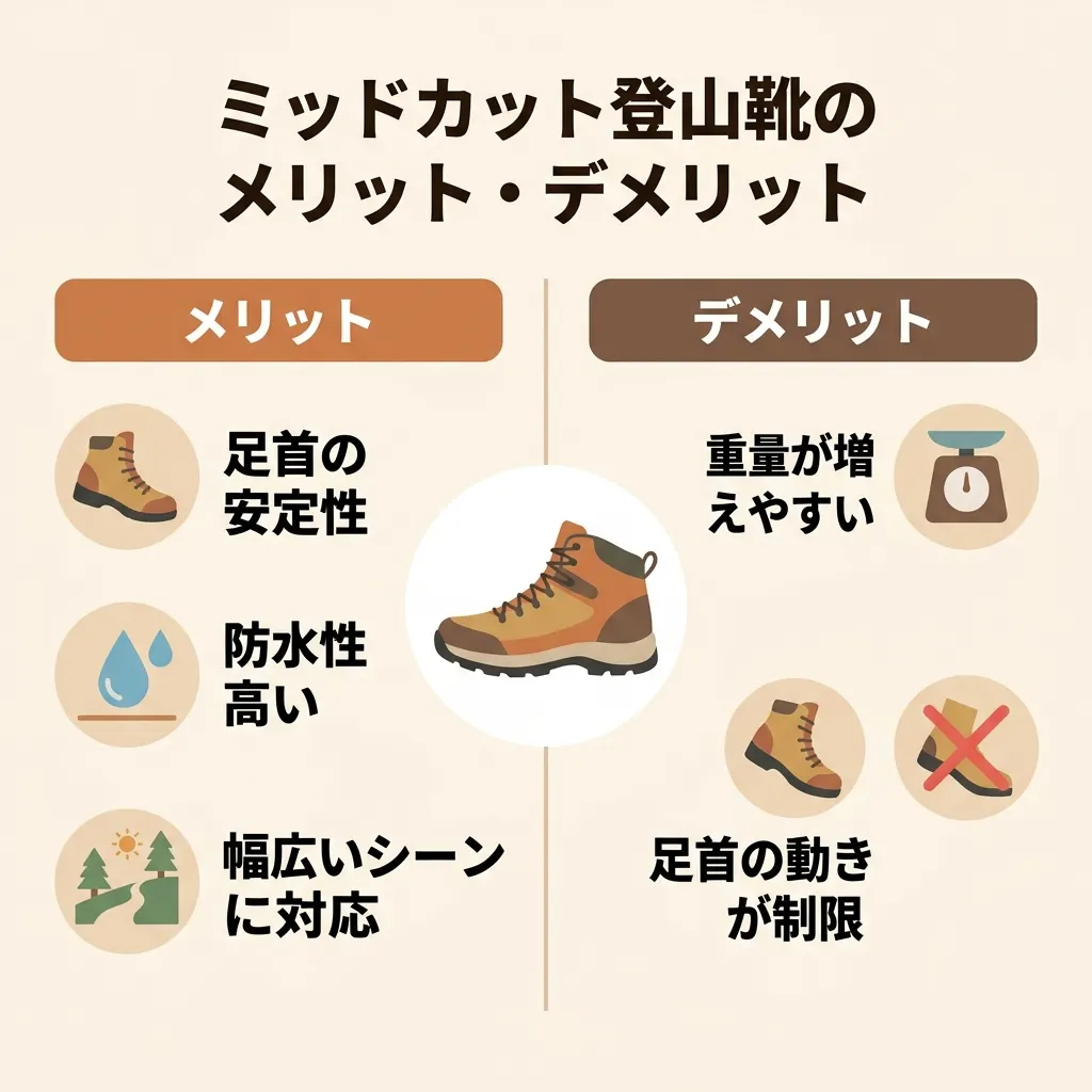 ミッドカット登山靴の利点と弱点を整理。足首の安定性と防水性が魅力の一方、重さは要注意