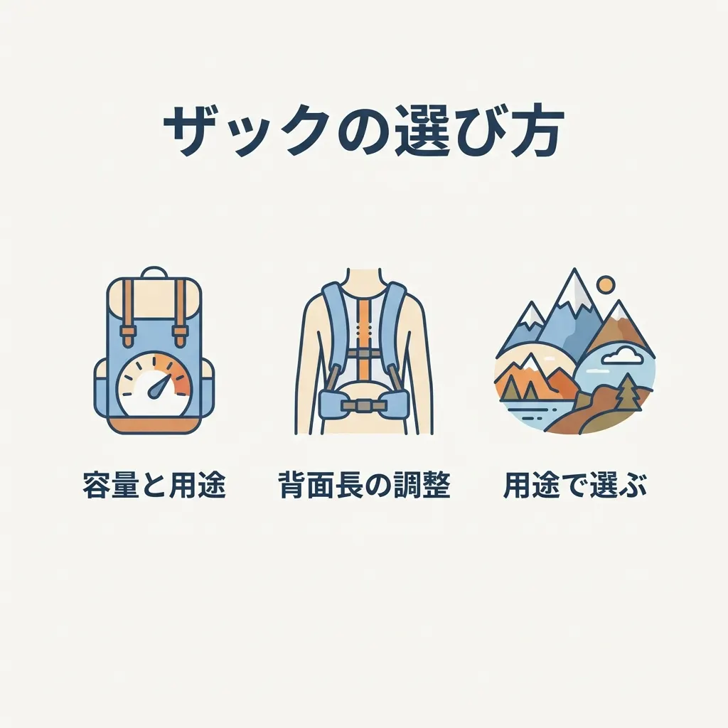 ザック選びは容量と用途、背面長の調整、目的への適合を押さえるのがポイントです。