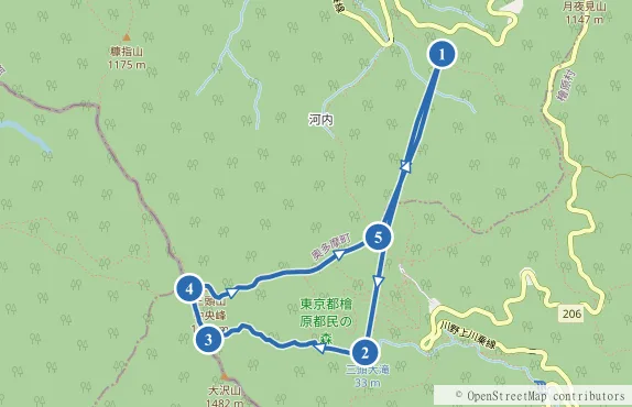 三頭山 都民の森発着の周回（三頭大滝〜ムシカリ峠〜三頭山〜鞘口峠）のルート地図