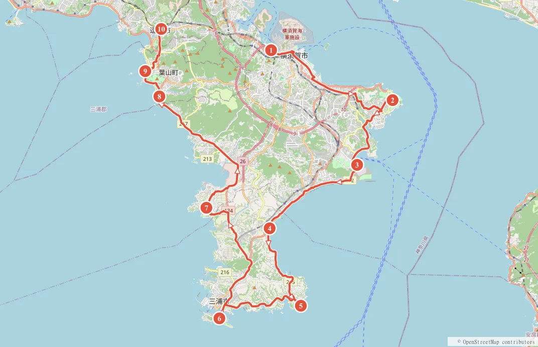 三浦半島一周 横須賀〜逗子 約65kmのルート地図と主要スポット